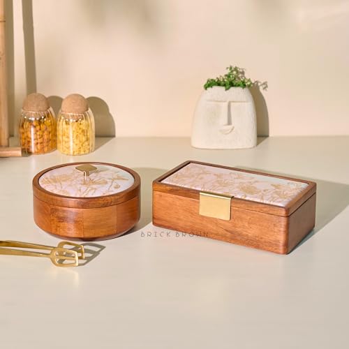 Image of Brick Brown Noor Wooden Roti Box with Lid | Solid Wood Chapati Box for Kitchen & Dining | Designer Roti Casserole /Roti Hot Pot Case | Handmade Roti Dabba Serveware | Roti Container (8x8x4.2 Inch)
