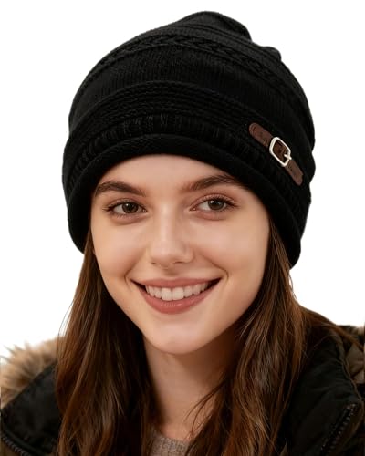 Winter Slouchy Beanie Hat for Women - Warm Knit Cap, Soft Plush-Lined Warm Slouchy Hat for Daily Casual Skiing Cold Weather（Black