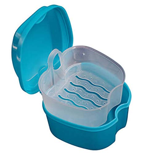Denture Case, Denture Cup with Strainer, Denture Bath Box False Teeth Storage Box with Basket Net Container Holder for Travel, Retainer Cleaning (Light Blue)