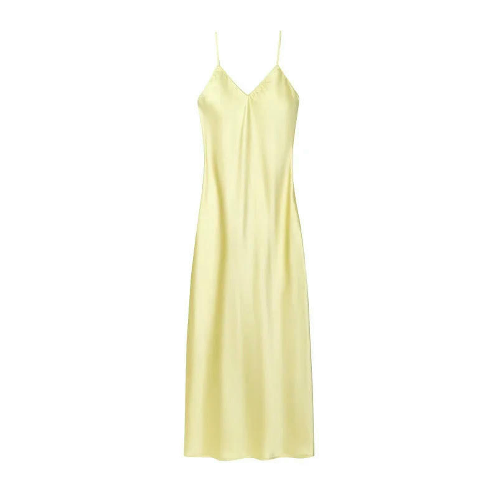 Abito Donna Invernale Primavera Elegante Moda Seta Raso Texture Sexy Retroless Party Slip Dress-Nero-s
