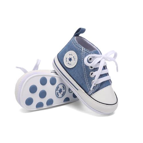 Image of Unisex Baby Boys Girls Shoes, Newborn Infant Non-Slip Canvas Denim High Top Sneakers, Toddler First Walkers Shoes