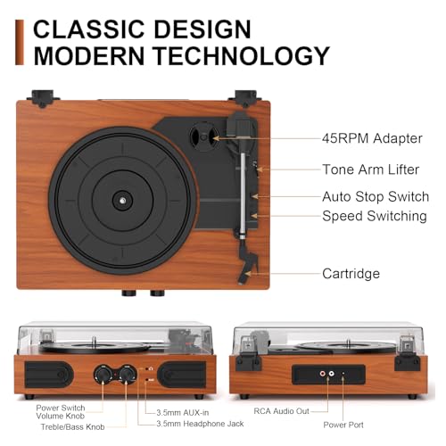 Image of Vinyl Record Player with Walnut Finish, 3-Speed Belt-Drive Turntable with Built-in Speakers, Easy Setup Record Player for Beginners, RCA /AUX /Headphone Jack, Classic Home Audio, Red Wood