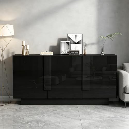 Nolirx Buffet pour Salon avec 3 Portes et 6 Compartiments, bahut pour Cuisine et Salle à Manger, Finition laquée Brillante, Un vaste Espace de Rangement, 160 x 35 x 60 cm (Noir-08B)