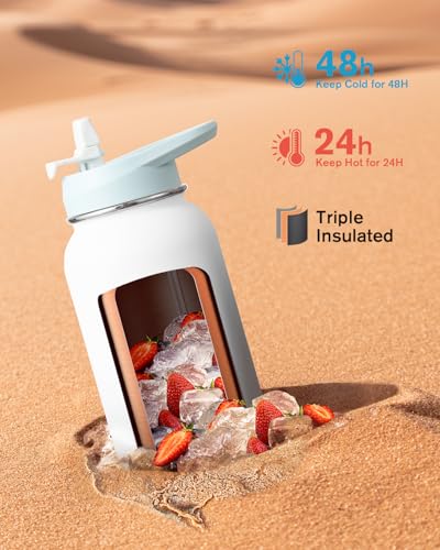 Image of Coolflask 40 oz Water Bottle Insulated with PU Leather Sleeve & 3 Lids