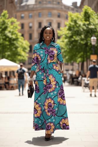 Image of Runwind Women Church Maxi Dresses 3 /4 Sleeve Button Down Print Casual Office Dress African