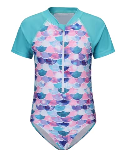 Image of Girls One Piece Swimsuits Short Sleeve Rash Guard for Girl Hawaiian Bathing Suit with Sun Protection Beachwear