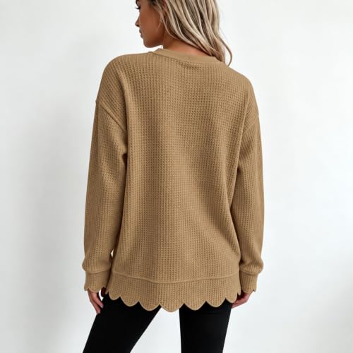 Waffle Knit Tops For Women Plus Size Long Sleeve Tunic Scalloped Sweatshirt - image 3