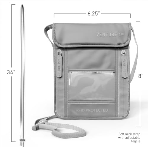 Image of VENTURE 4TH Neck Wallet for Women & Men - RFID Blocking Passport Holder for Travel, Hidden Neck Pouch with 6 Compartments, Slim Lightweight Travel Organizer with Adjustable Strap, Durable Nylon, Sleek