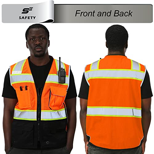 High Visibility Mesh Safety Vest, Class 2 Hi Vis Vest With Zipper And Utility Heavy Duty Orange Black Pockets, Security Vest For Men With 10 Pockets, Ansi/Isea Standards, L #TOP1
