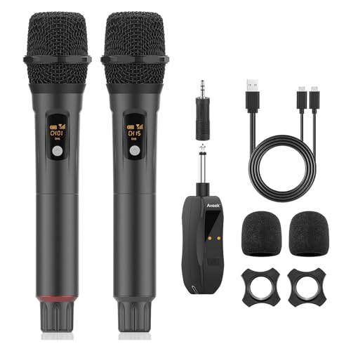 Aveek Wireless Microphone for Karaoke, Professional Handheld Microphone for Singing with Rechargeable Receiver, Cordless Karaoke Mic for Speaker, Pa System, Dj, Party, Speech(2pcs)