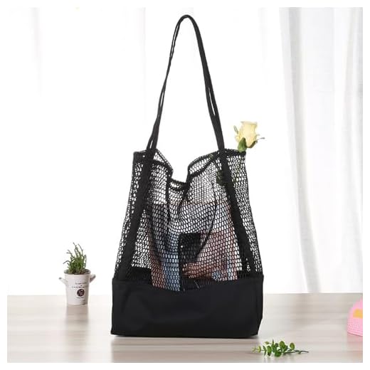 Breathable Mesh Tote Bag - Spacious Hollow Shopping Bag with Canvas Trim - Beach Grocery Shoulder Bag-Black