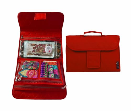Image of Yazzii Trifold Craft Project Case - Sewing and Craft Supplies Storage Tote, Travel Organizer Bag with Clear Pockets and Handle for Knitting, Crochet, Sewing Accessories - Red