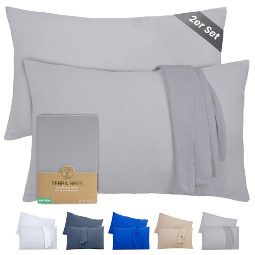 Terra Beds Kissenbezug 50x70 (Set mit 2) - 100% Baumwolle Jersey 160 g/m², Oeko-Tex Zertifiziert - Kopfkissenbezug für Kissen mit Reißverschluss, Weich und Atmungsaktiv - (Silber Grau)