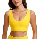 CRZ YOGA Butterluxe Womens V-Neck Longline Sports Bra - Wireless U-Shaped Open Back Yoga Low Impact Padded Crop Top High Visibility Yellow Large