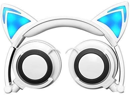 Wired Headphones Over-Ear Foldable Cat Ear Earphones with LED Light For Girls,Children.Compatible for Mp3 Mp4 player,iPhone,Android Phone (white),Valentines Day Gifts for Kids.