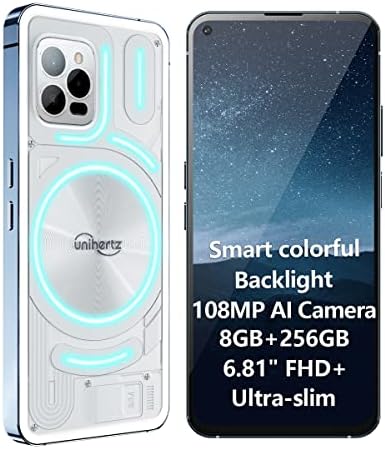 Unihertz Luna Unlocked Smartphone, 4G LTE 256GB+8GB 6.81" FHD Display Transparent Back Designed Light-Emitting Cell Phone,Android 12 108MP AI Camera 20MP Night Vision Dual Sim OTG NFC (White)