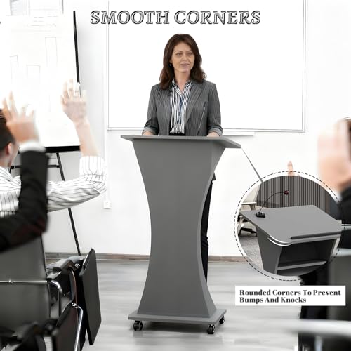 Image of Portable Wooden Podium Stand with Lockable Wheels, Lightweight 42.5 inch Rolling Lectern for Churches, Ideal for Presentations, Events, and Conferences - Versatile White Pulpit.