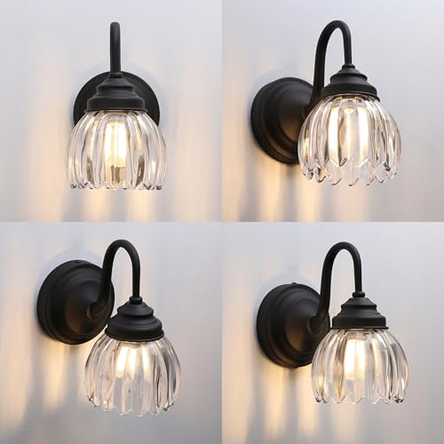Image of Phansthy Vintage Brass Boho Wall Sconce, Hardwired Wall Light with Tulip Glass Lampshade, Brass Vanity Lamp Modern Wall Lighting Fixtures for Bedroom, Living Room, Hallway (Black + Clear Shade)