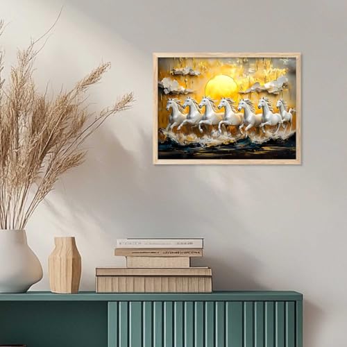 Image of HOTHOUSE 7 Horses Vastu Frame Wall Art Painting for Living Room Bedroom Office Home Decor | Seven Running Vastu Lucky Horse Rising Sun Painting Wall Decor Size (10X13 inch)