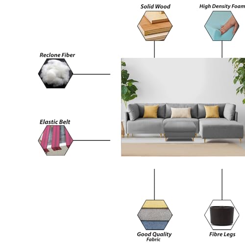 Image of Carina RHS 4 Seater L Shape Sofa Set with Center Table for Living Room (Grey Fabric) Premium Fabric Sofa