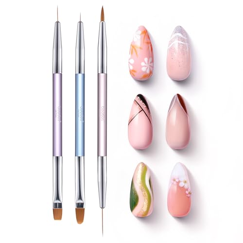 Beetles 3 pinceles para uñas profesionales, doble cabezal 2 en 1 pincel delineador para uñas, para diseño de esmalte en gel, herramientas pintura delineador para pintar pétalos manicura para mujeres