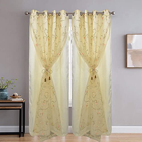 Image of 2 in 1 Embroidery Transparent Polyester Long Door Curtain with 80% Blackout Set of 2 Pieces(9 Feet, Ivory Embroidery + Ivory Blackout)