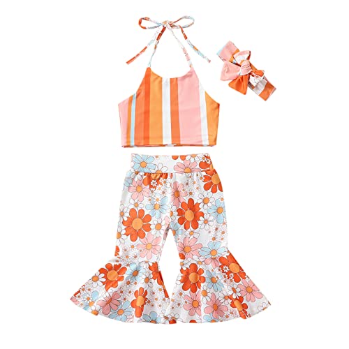Toddler Baby Girl Boho Outfits Floral Sleeveless Halter Crop Top Bell Bottom Pants Summer Clothes Set