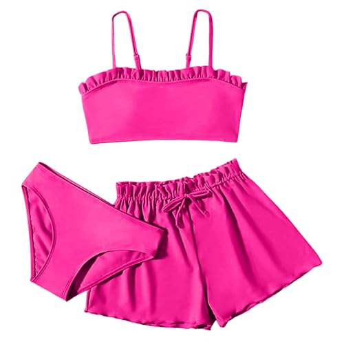 Teen Girl Swimsuit Kids 3 Piece Bathing Suit Solid Color Ruffle Bikini Sets with Shorts Summer Beach Swimwear