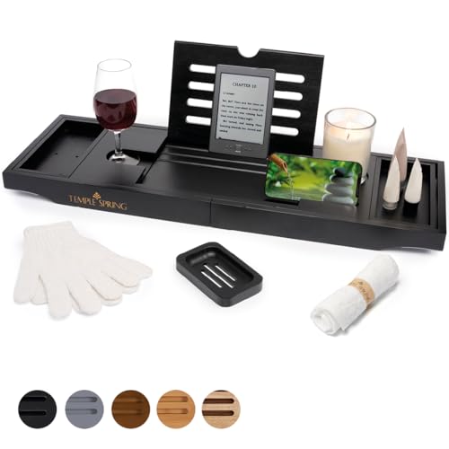 Temple Spring Badewannenablage, Badewannenablage Holz für badewannen zubehör, Badewannenbrett, Badewannentablett zur badewanne zubehör, Bambus tablett, badezimmermöbel für badaccessories -Schwarz