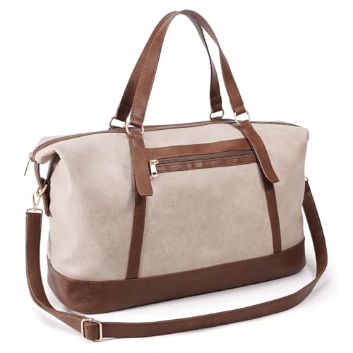 Travel Duffle Bag, Waterproof PU Weekend bag Weekender Overnight 2Way Carry On Handbag Brown