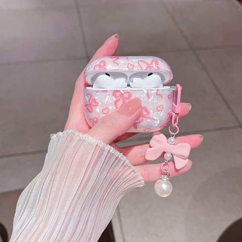 Image of MINSCOSE for Cute Glitter AirPods Pro 3rd Generation Case (2025) with Cleaner Kit,Shell Pattern Bow Ribbon Trendy Design with Bowknot Pearl Keychain for Girls Women for Airpods Pro 3-Pink