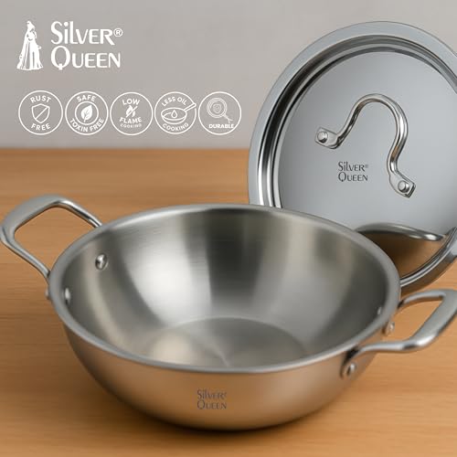Image of Silver Queen Triply Stainless Steel Kadhai 26 cm (3.3 L) | Premium Triply Kadai for Cooking | Durable Stainless Steel Cookware | Induction & Gas Stove Compatible