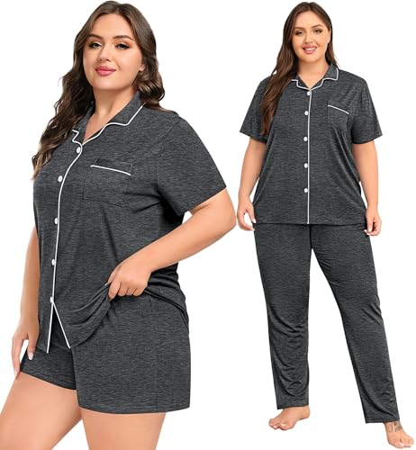 Image of SWOMOG Women's Plus Size Pajama Set Short Sleeve Sleepwear Top and Pants Button Up Pajamas for Women Loungewear