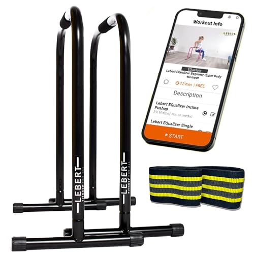 Lebert Fitness Dip Bar Stand - Original EQualizer Total Body Strengthener Pull Up Bar Home Gym Exercise Equipment Dipping Station - Hip Resistance Band, Workout Guide and Online Group - Black (XL)