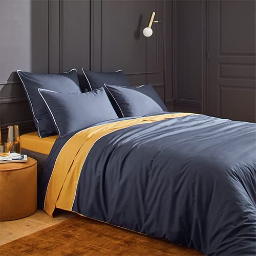 Duquennoy & Lepers - Parure de Lit Bicolore Housse de Couette 260 x 240 CM + 2 Taies d'oreiller - Percale 80 Fils - Bleu Marine / Jaune Moutarde