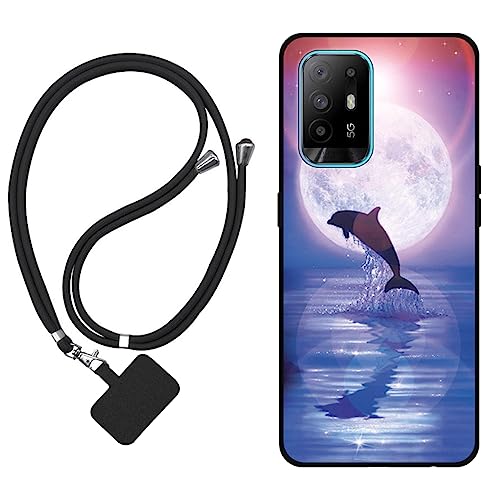 Sunrive Funda Compatible con OPPO A94 5G/Reno5 Z/A95 5G,Slim Fit Gel Mate Carcasa Case Bumper de Impactos y Anti-Arañazos Espalda Cover (Luna,Delfines,Mar)+1 X Correa Universal