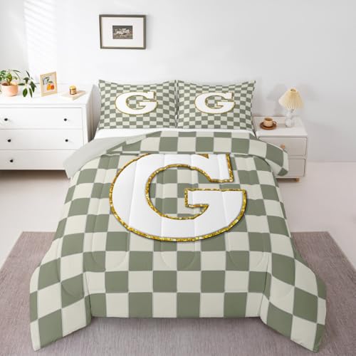 Image of Erosebridal Sage Green Checkered Comforter Set Queen Plaid Initial G Bedding Set Personalized Monogram Comforter for Kids Adults,Fashion Grids Gingham Quilt Duvet