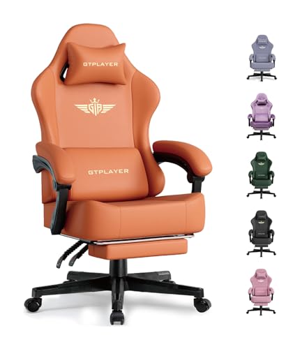 Image of GTPLAYER Gaming Chair with Pocket Spring Cushion, Big and Tall Gamings Chairs 350LBS High Back Computer Chair with Footrest for Adults Lumbar Support Swivel Game Chair for Office, Leather Orange