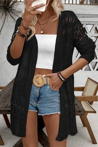 Women's Black Crochet Open Front Cardigan4