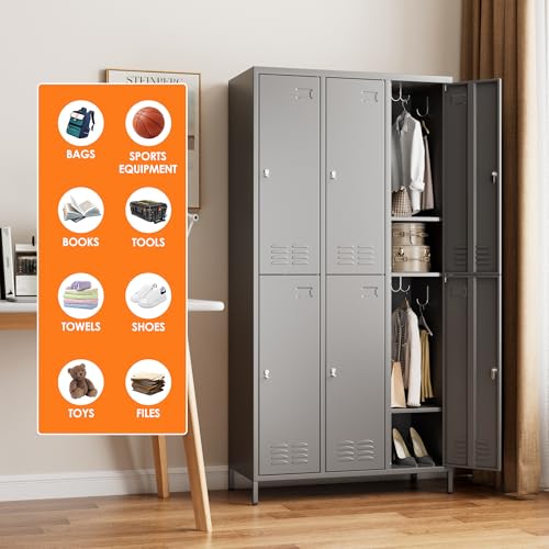 Image of SUPEER 6 Door Metal Storage Locker for Employees, Heavy Duty Steel School Locker with Adjustable Shelves and 18 Hooks,Metal Lockers for Office, Gym, Home Garage, 72 inch H x 35.4 inch W x 15.75 inch D,Dark Grey