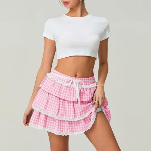 Women Y2K Plaid Pleated Mini Skirts Lace Trim Flowy A-line Layered Gingham Short Skirts Cute Ruffle Going Out Skirts2