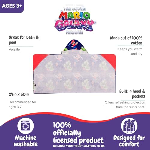 Image of The Super Mario Galaxy Movie Kids Super Soft Bath /Pool /Beach Soft Cotton Terry Hooded Towel Wrap, 24 in x 50 in, Mario & Luigi, (100% Officially Licensed Product) By Franco
