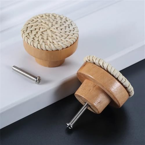 Pomos redondos de madera y mimbre trenzado para cajones y muebles de baño 4