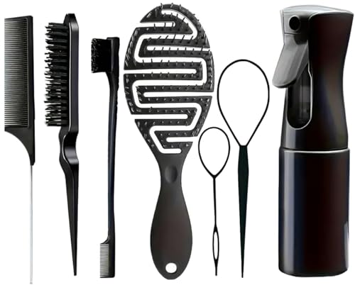 Cepillo Desrizante, Pulverizador, peine de cerdas, cepillo desenredador para cabello natural, cepillos tupier Accesorios para Coletas y Trenzas, guia de peinados- Set peluqueria
