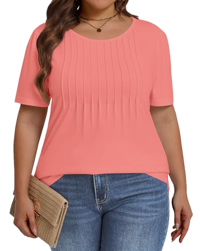 Image of Plus Size Tops for Women Pleated Summer Top Trendy Short Sleeve Shirts Casual Basic Tee Crew Neck Blouses 2026