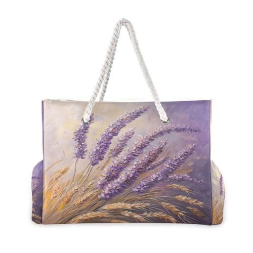 Lavender Painting Beach Bag & Travel Tote Bag Large Sandproof with Zipper Closure, Wet Pouch for Swim Gym Travel, Lightweight Foldable Outdoor Bag2