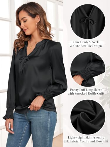 Image of ZAFUL Womens V Neck Blouse Silky Satin Going Out Tops Dressy Long Sleeve Business Casual Shirts