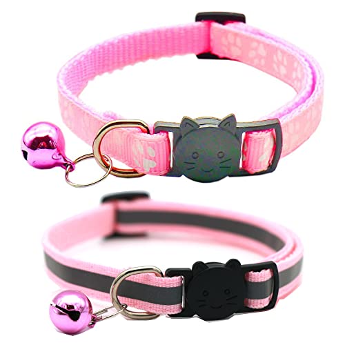 Hepplly 2-Pack Katzenhalsbänder Quick Release Reflective Kitten Halsband mit Glocke (Hellrosa)