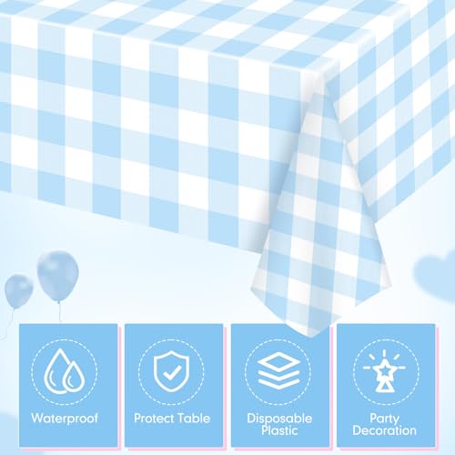 Image of Ganeen 3 Pcs Blue and White Checkered Tablecloths Disposable Plastic Gingham Table Cloths Waterproof Rectangle Plaid Table Cover for Parties Wedding Picnic Camping Birthday Party Decor, 54 x 108 Inch