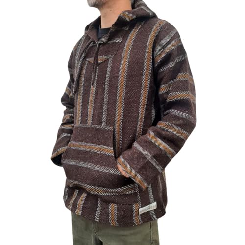 Authentic Baja Hoodie - Mexican Drug Rug - Mexican Baja Poncho - Brown/Yellow (Large)